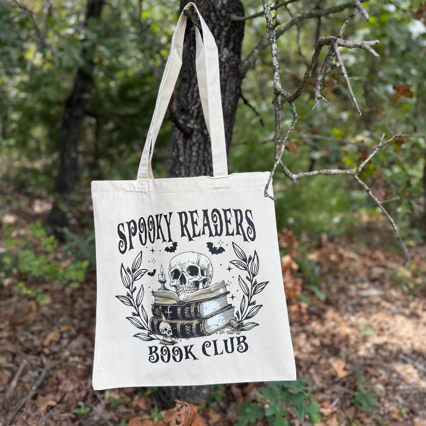 Spooky Readers Tote Bag with Skull