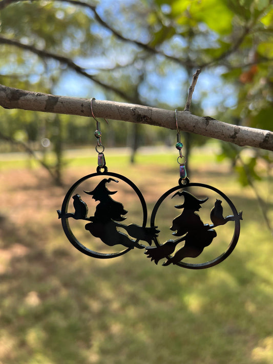 Witch on Broomstick Earrings for Halloween